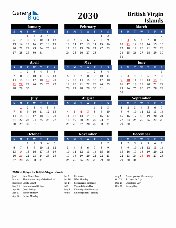 2030 British Virgin Islands Holiday Calendar
