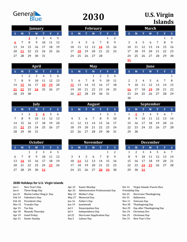 2030 U.S. Virgin Islands Holiday Calendar