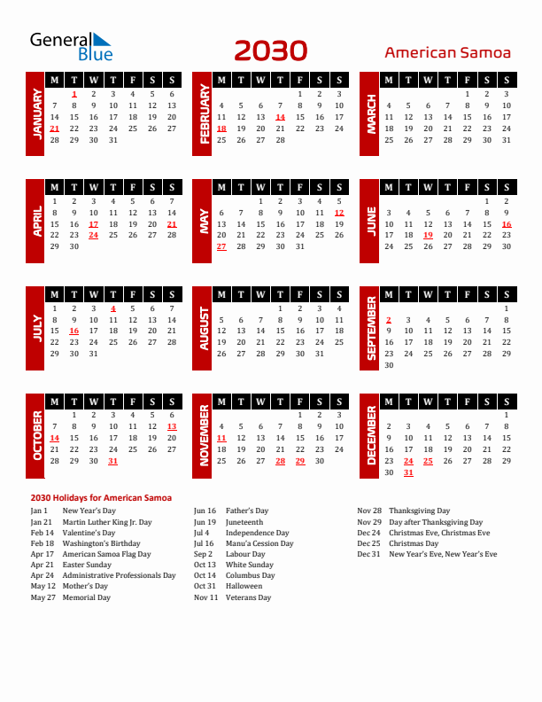 Download American Samoa 2030 Calendar - Monday Start