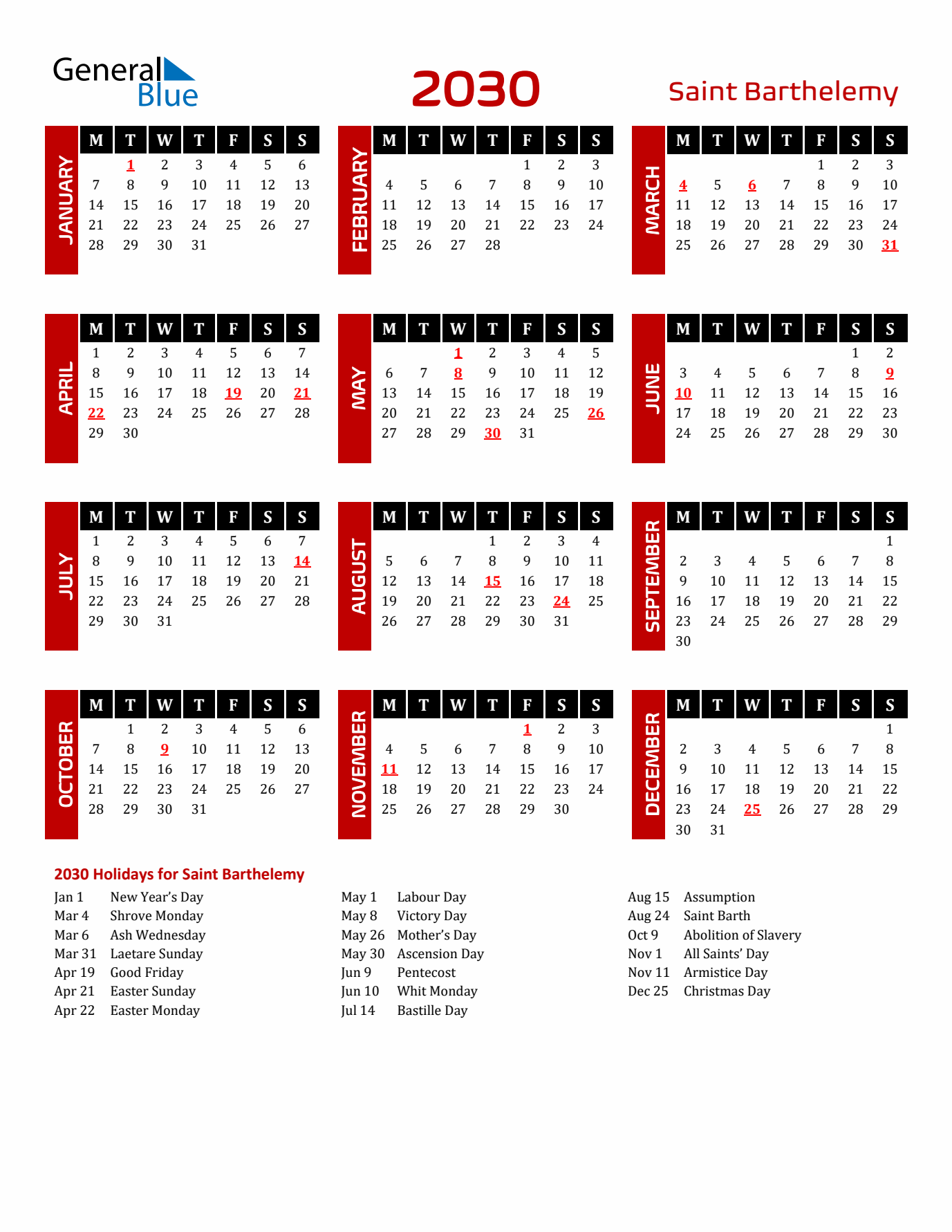 Download Saint Barthelemy 2030 Calendar - Monday Start