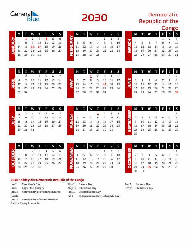 Download Democratic Republic of the Congo 2030 Calendar - Monday Start