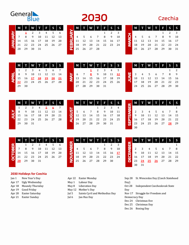 Download Czechia 2030 Calendar - Monday Start