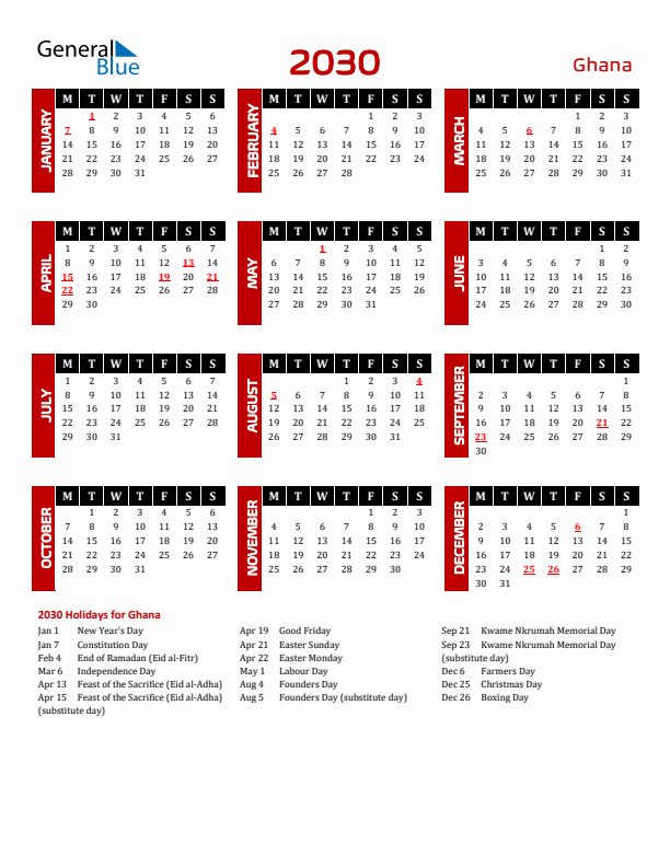 Download Ghana 2030 Calendar - Monday Start