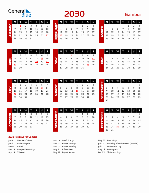 Download Gambia 2030 Calendar - Monday Start