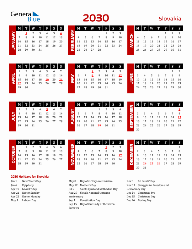 Download Slovakia 2030 Calendar - Monday Start