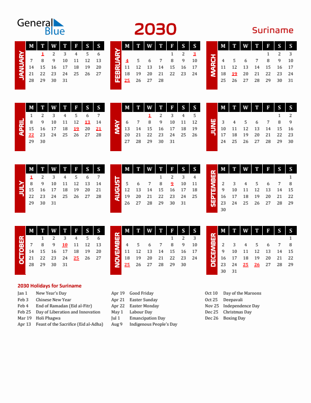 Download Suriname 2030 Calendar - Monday Start