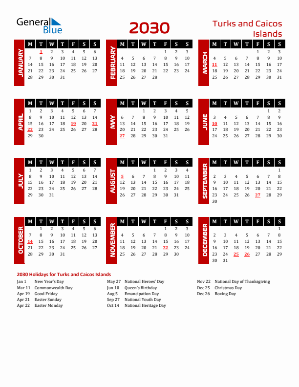 Download Turks and Caicos Islands 2030 Calendar - Monday Start