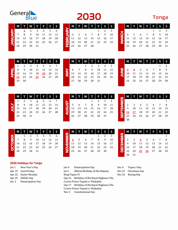 Download Tonga 2030 Calendar - Monday Start