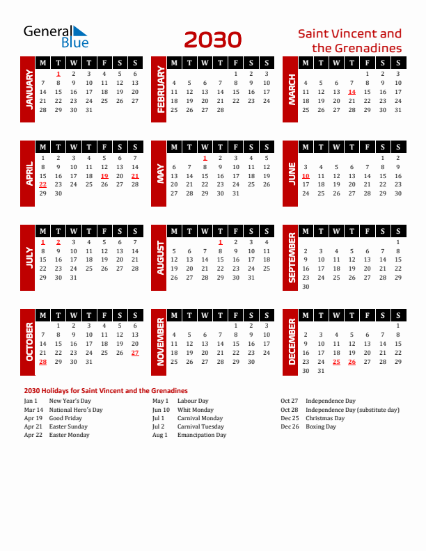 Download Saint Vincent and the Grenadines 2030 Calendar - Monday Start