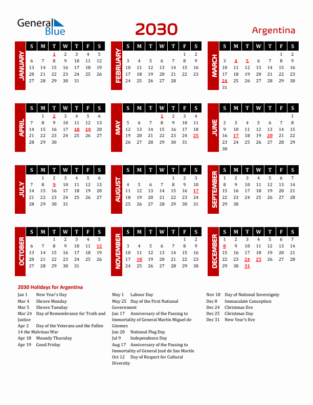 Download Argentina 2030 Calendar - Sunday Start
