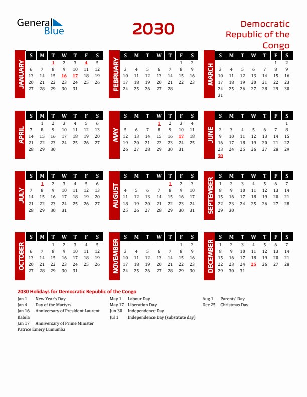 Download Democratic Republic of the Congo 2030 Calendar - Sunday Start