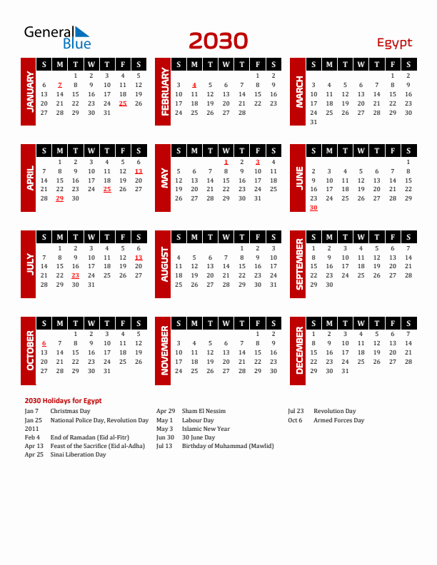 Download Egypt 2030 Calendar - Sunday Start