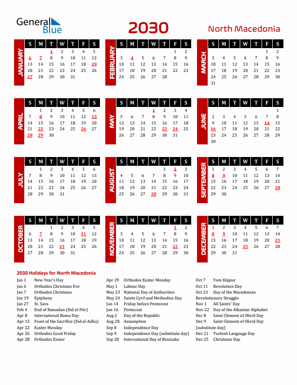Download North Macedonia 2030 Calendar - Sunday Start