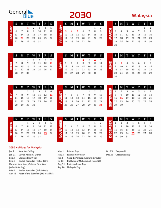Download Malaysia 2030 Calendar - Sunday Start