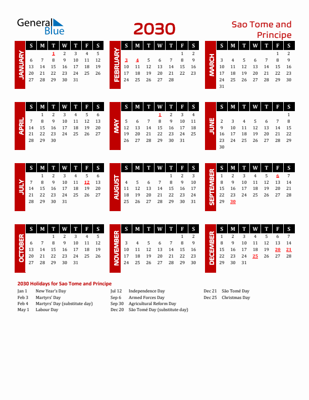 Download Sao Tome and Principe 2030 Calendar - Sunday Start