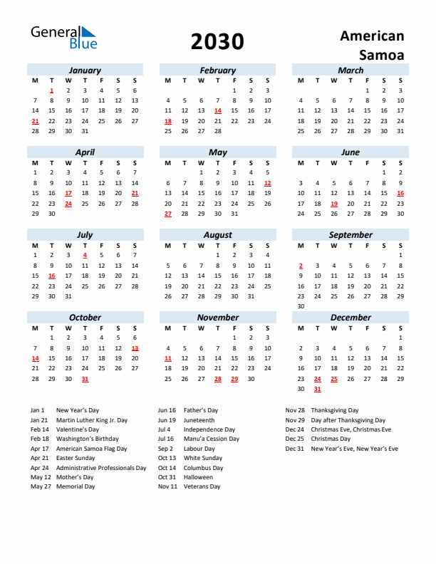 2030 Calendar for American Samoa with Holidays