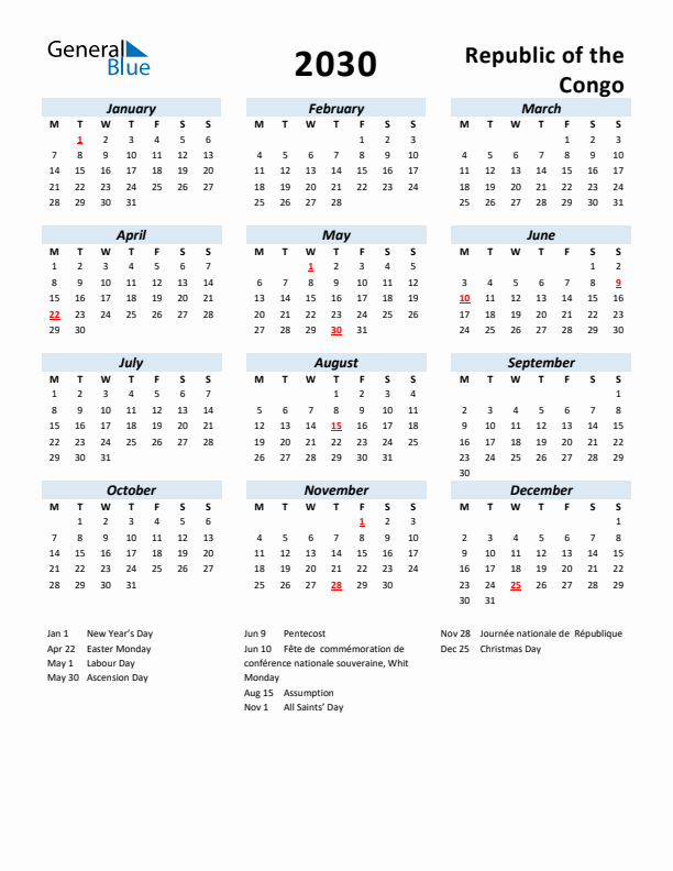 2030 Calendar for Republic of the Congo with Holidays