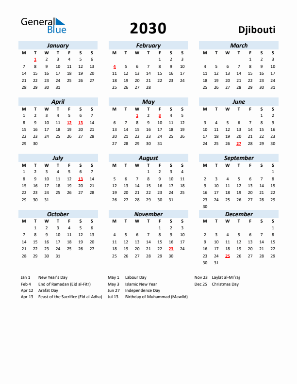 2030 Calendar for Djibouti with Holidays