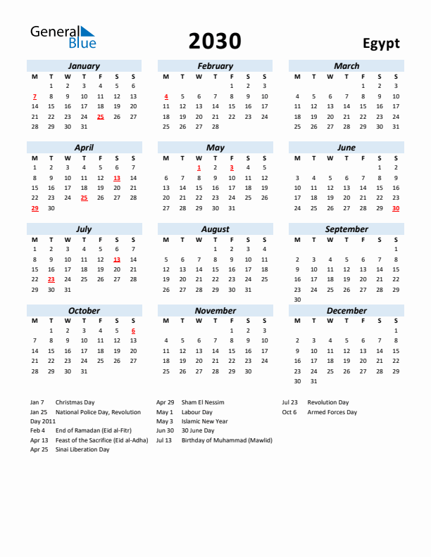 2030 Calendar for Egypt with Holidays
