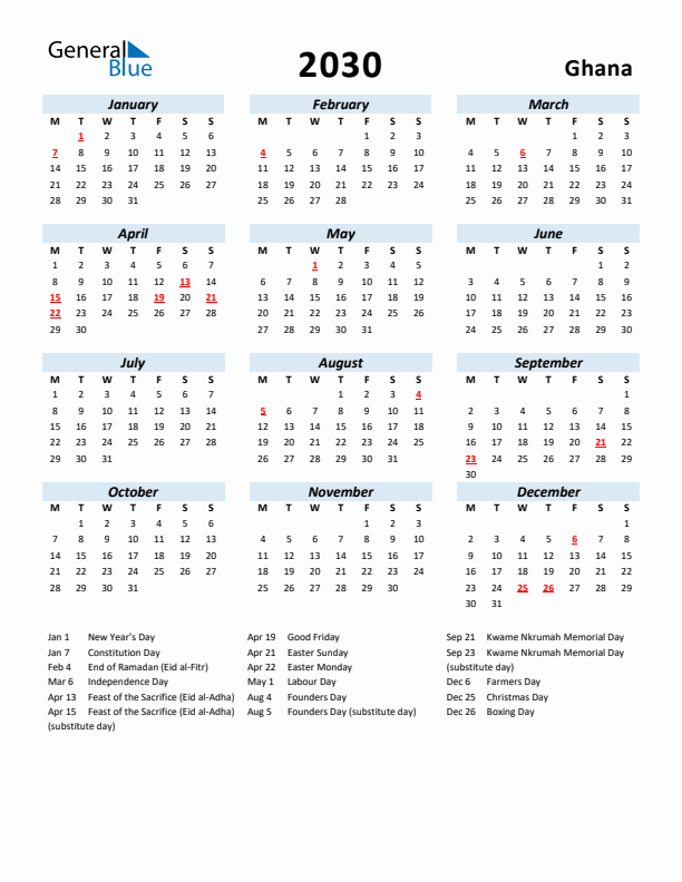 2030 Calendar for Ghana with Holidays