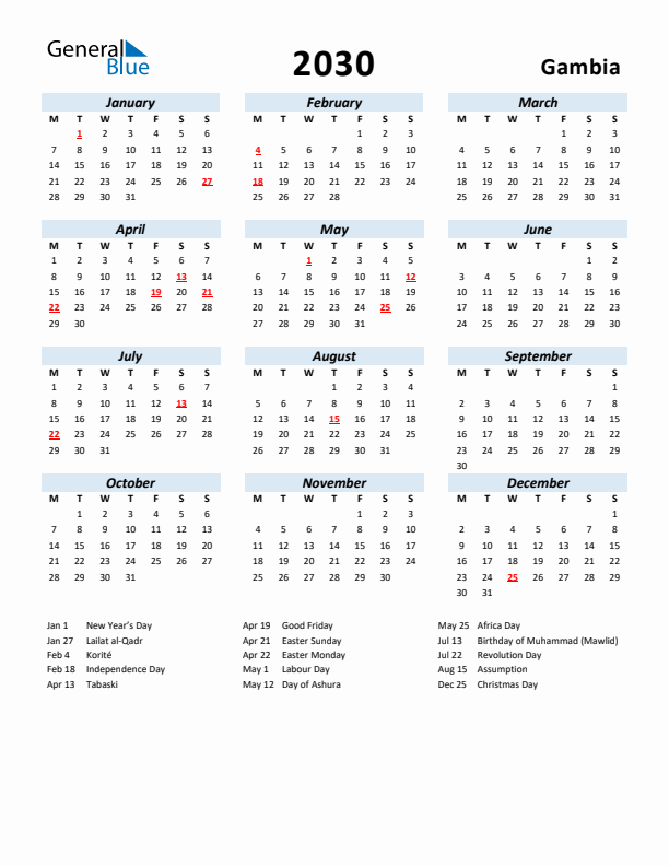 2030 Calendar for Gambia with Holidays