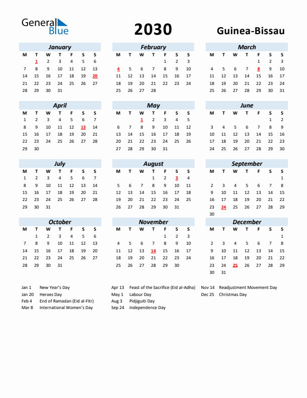 2030 Calendar for Guinea-Bissau with Holidays