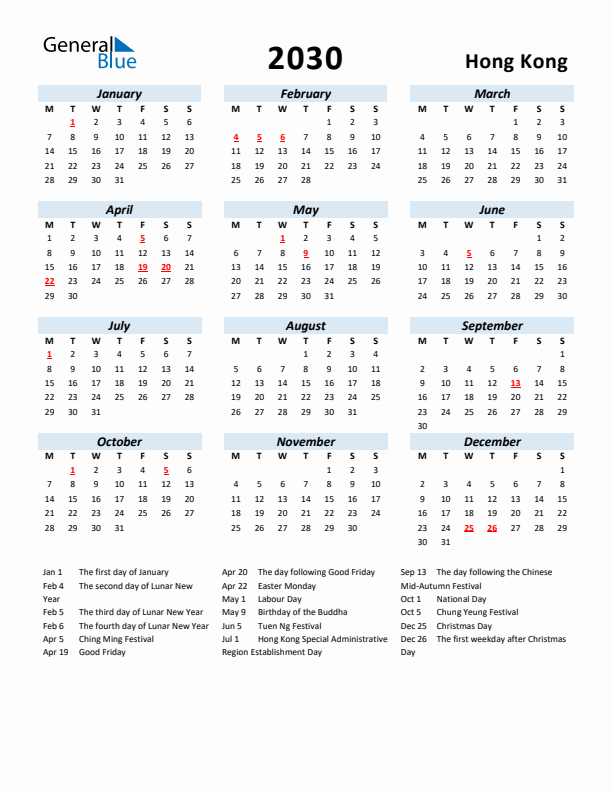 2030 Calendar for Hong Kong with Holidays