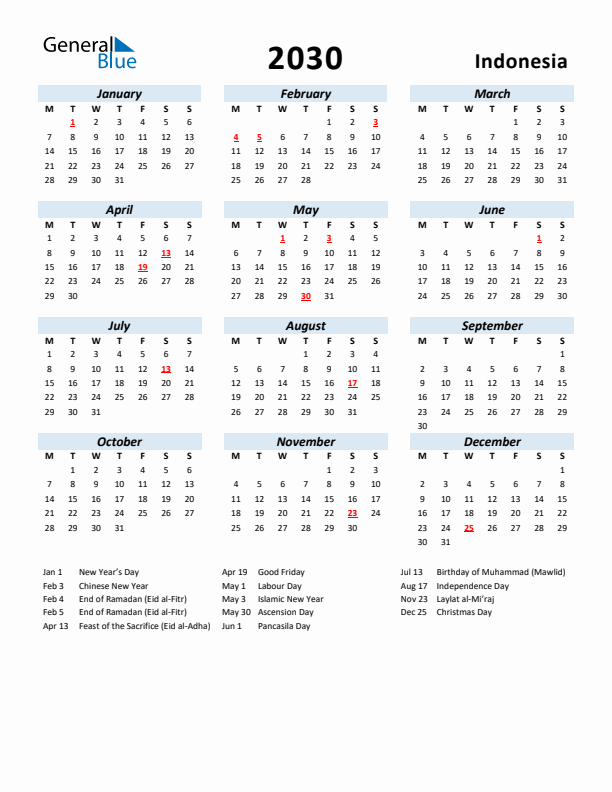 2030 Calendar for Indonesia with Holidays