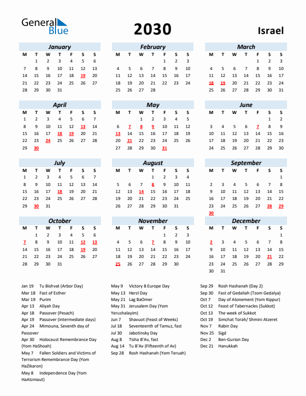 2030 Calendar for Israel with Holidays