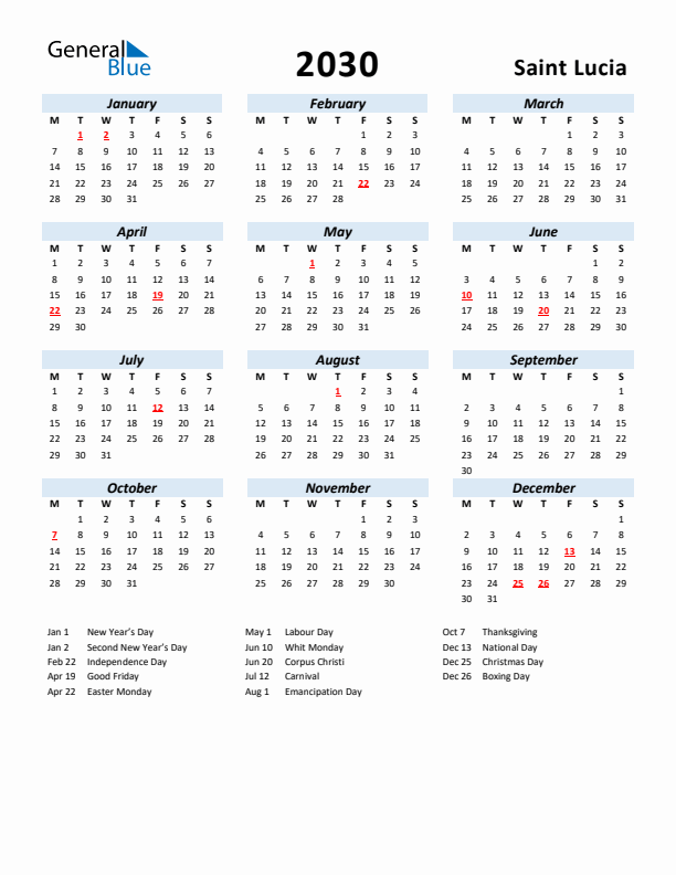 2030 Calendar for Saint Lucia with Holidays