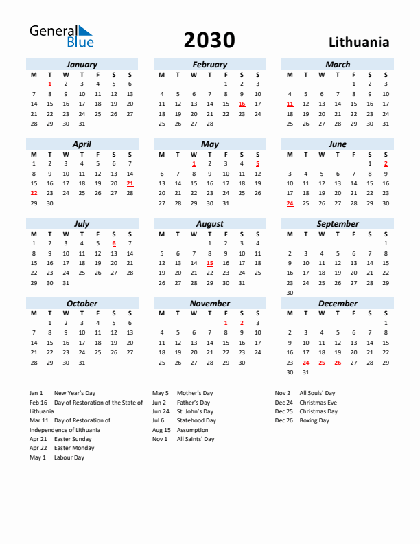 2030 Calendar for Lithuania with Holidays