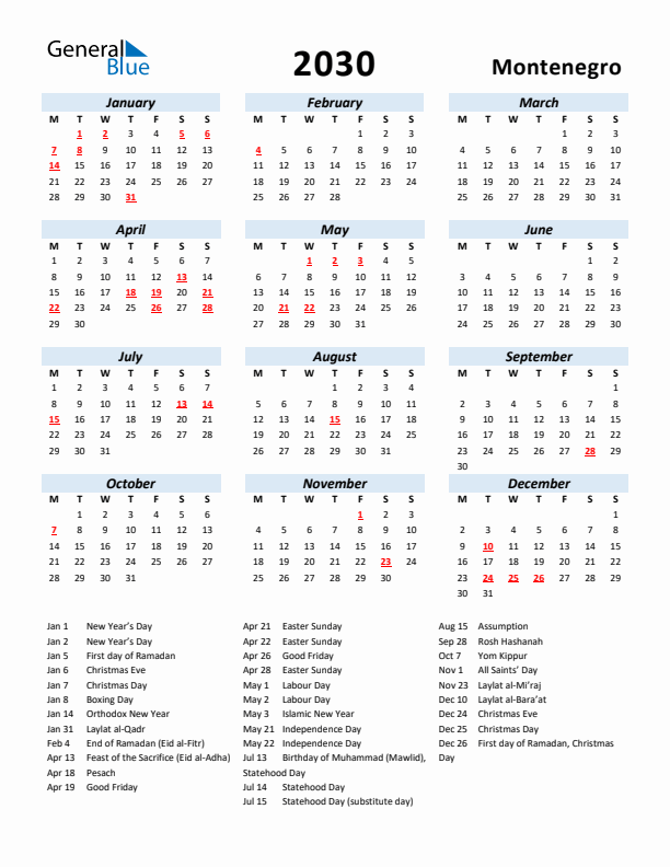 2030 Calendar for Montenegro with Holidays