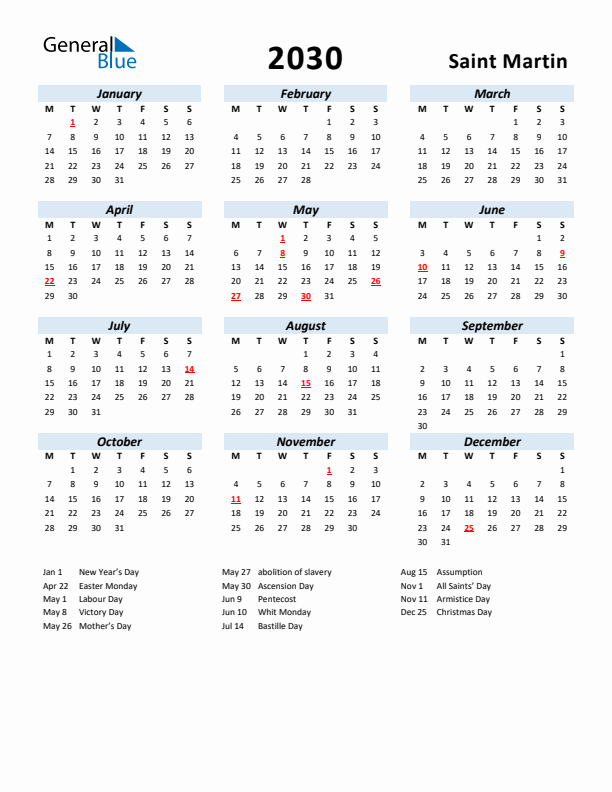 2030 Calendar for Saint Martin with Holidays