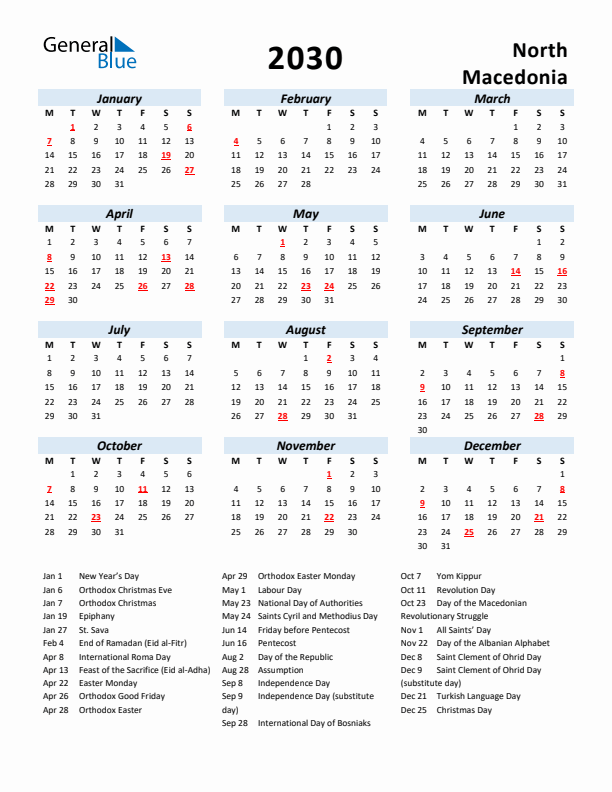 2030 Calendar for North Macedonia with Holidays