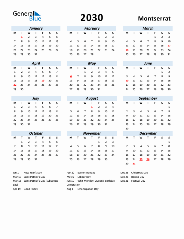 2030 Calendar for Montserrat with Holidays