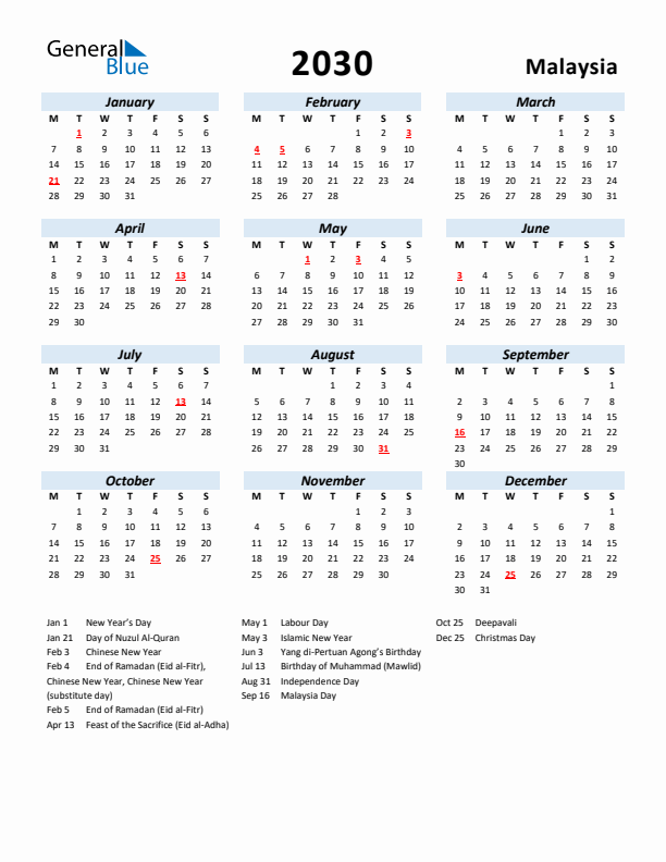 2030 Calendar for Malaysia with Holidays