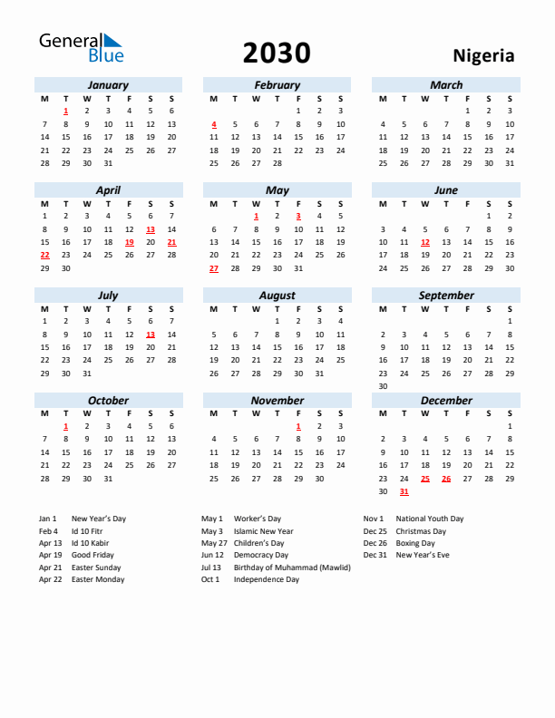 2030 Calendar for Nigeria with Holidays