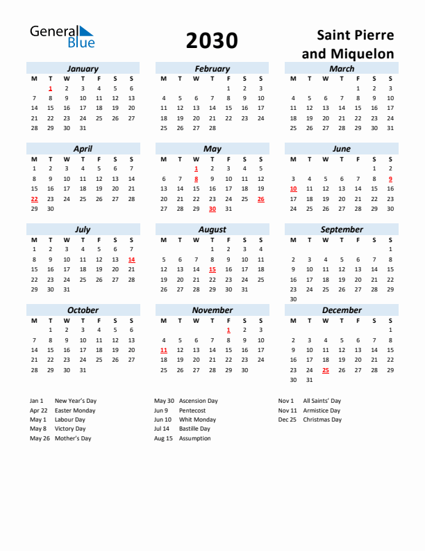 2030 Calendar for Saint Pierre and Miquelon with Holidays