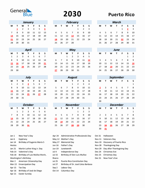 2030 Calendar for Puerto Rico with Holidays