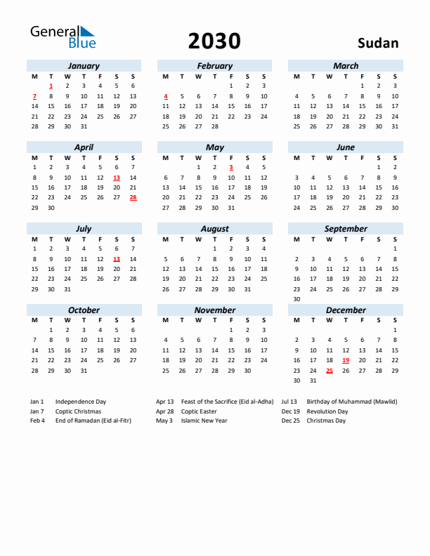 2030 Calendar for Sudan with Holidays
