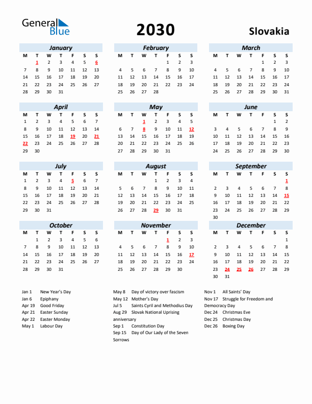 2030 Calendar for Slovakia with Holidays