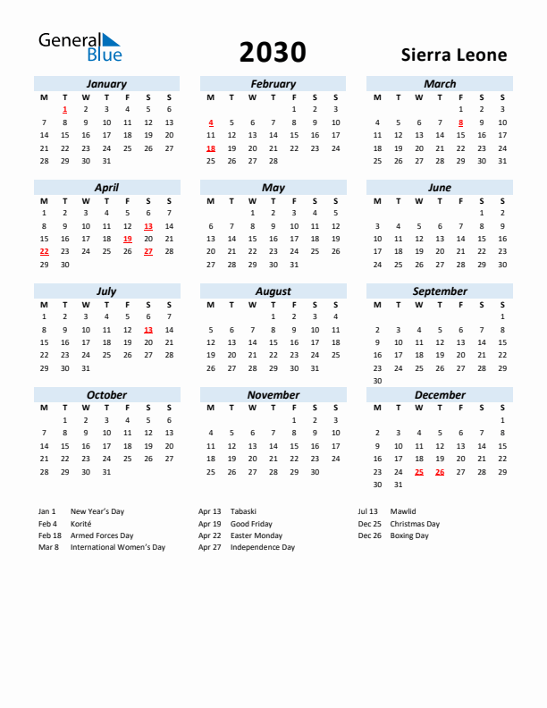 2030 Calendar for Sierra Leone with Holidays