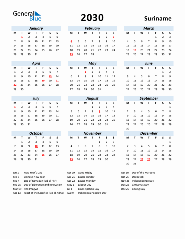 2030 Calendar for Suriname with Holidays