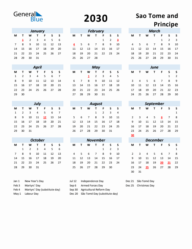 2030 Calendar for Sao Tome and Principe with Holidays