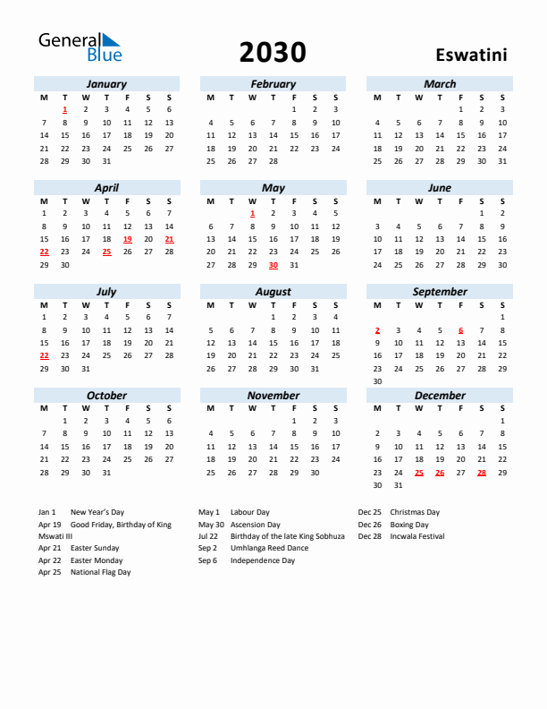2030 Calendar for Eswatini with Holidays