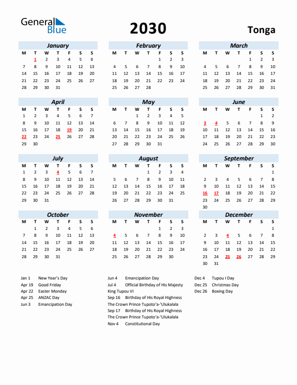 2030 Calendar for Tonga with Holidays