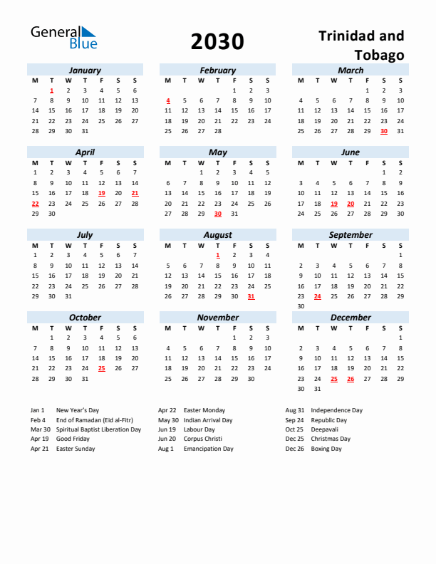 2030 Calendar for Trinidad and Tobago with Holidays