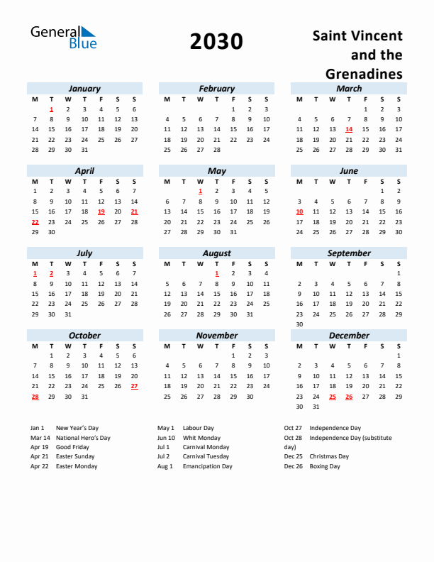 2030 Calendar for Saint Vincent and the Grenadines with Holidays