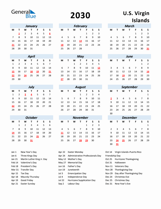 2030 Calendar for U.S. Virgin Islands with Holidays