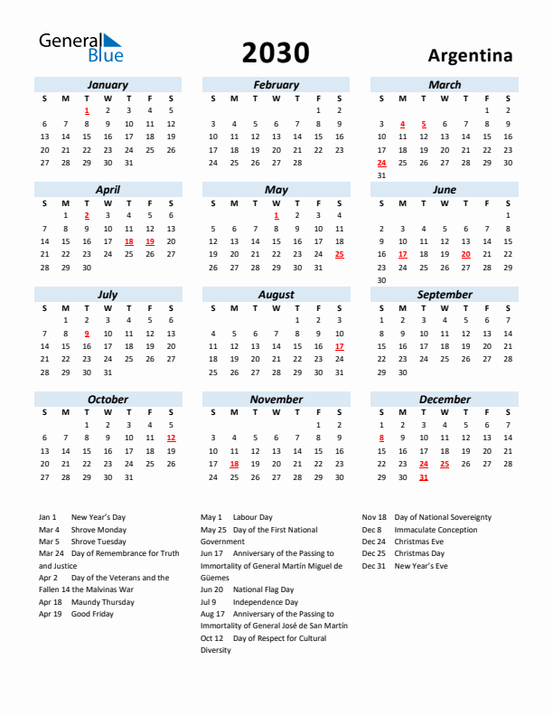2030 Calendar for Argentina with Holidays